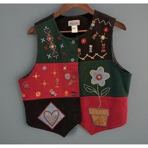 Vtg 90s Stonebridge Vest Womens Petite Medium Wool Embroidered Floral Patchwork